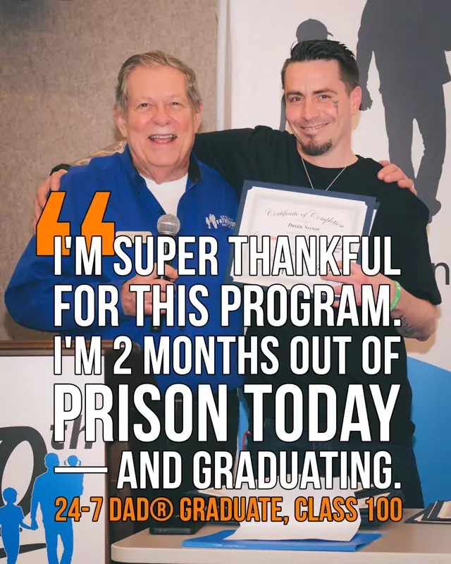 Dustin Neeson receives his certificate of completion from Ron Hauenstein at SpoFI's 100th 24-7 Dad® graduation: "I'm super thankful for this program. I'm 2 months out of prison today — and graduating."