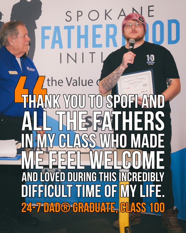 SpoFI's 100th 24-7 Dad class graduation recap: a night eight years in the making 14 Fred Dent presents Elishua (Eli) Sanders with his certificate of completion at SpoFI's 100th 24-7 Dad graduation