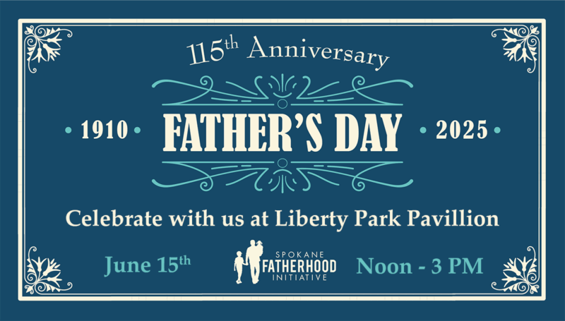 SpoFI Father's Day picnic announcement graphic celebrating 115th anniversary of Father's Day (1910-2025) at Liberty Park Pavilion, June 15th noon to 3 PM, featuring Spokane Fatherhood Initiative logo with father and child silhouettes