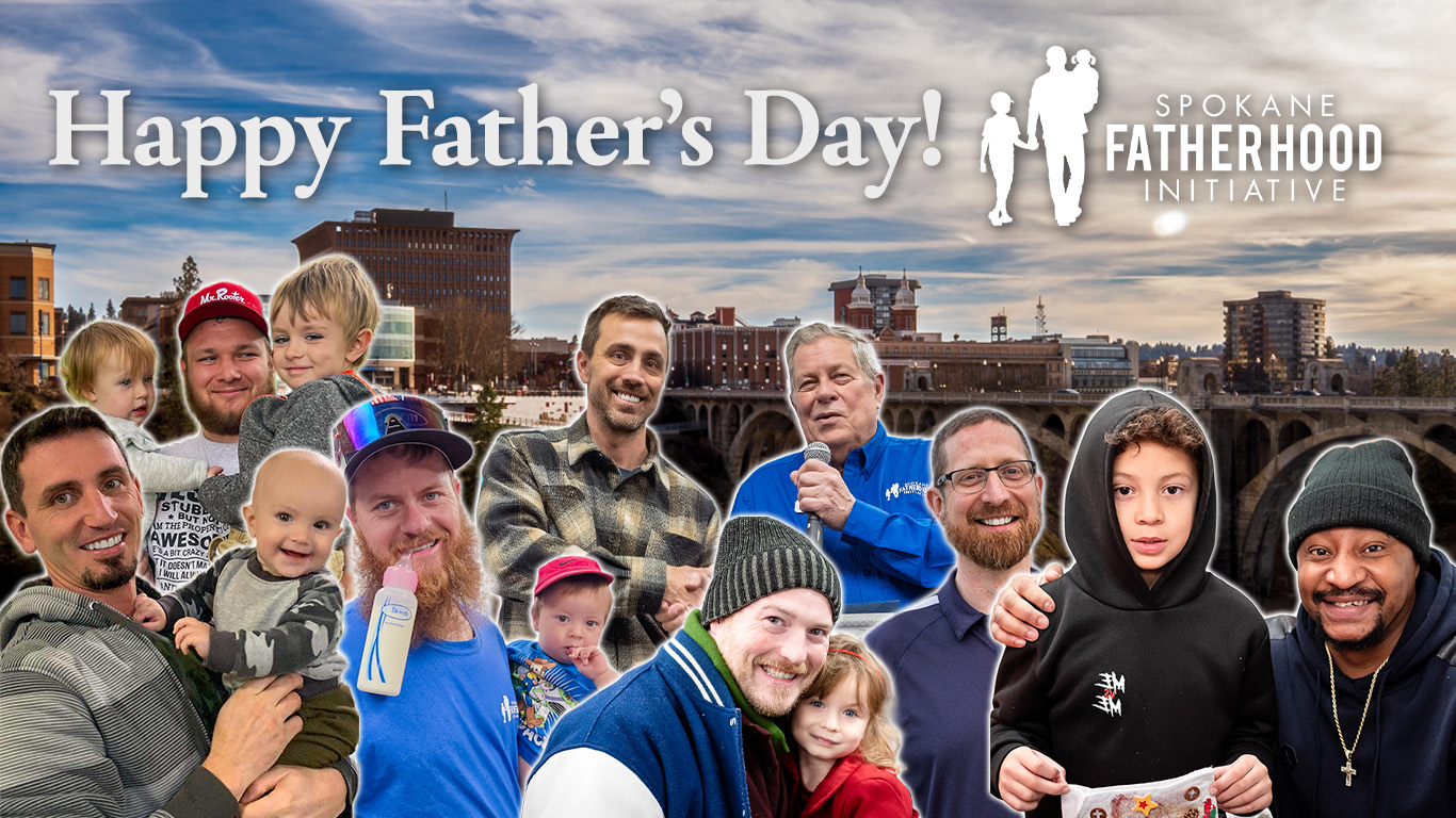 Happy Father's Day collage featuring diverse fathers and children from the Spokane community against downtown Spokane skyline with Monroe Street Bridge, including fathers holding toddlers, dads with school-age children, and multi-generational family moments, with Spokane Fatherhood Initiative logo