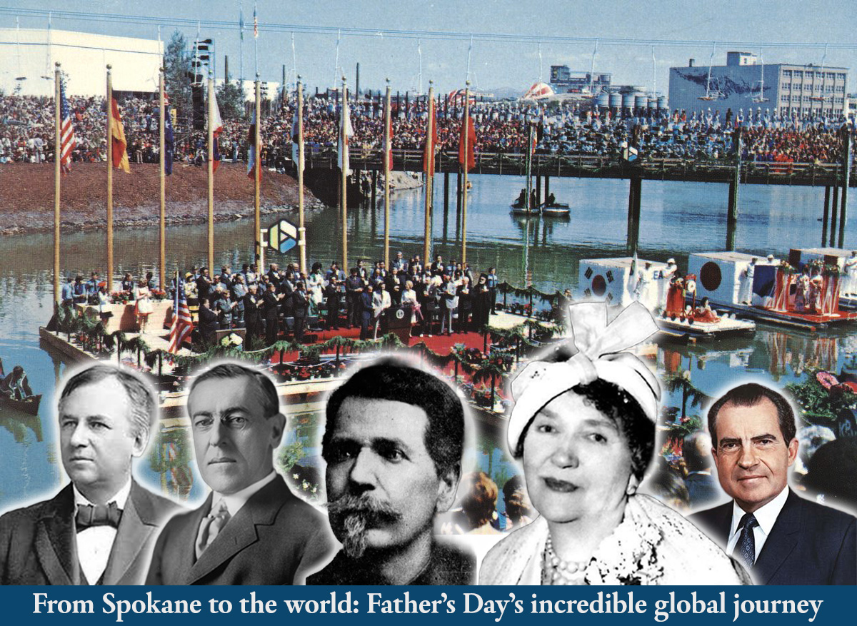 Historical collage showing Expo '74 opening ceremony in Spokane with crowds and international flags in background, featuring portraits of five key figures in Father's Day history including Sonora Smart Dodd and U.S. presidents who officially recognized the holiday, with text overlay 'From Spokane to the world: Father's Day's incredible global journey