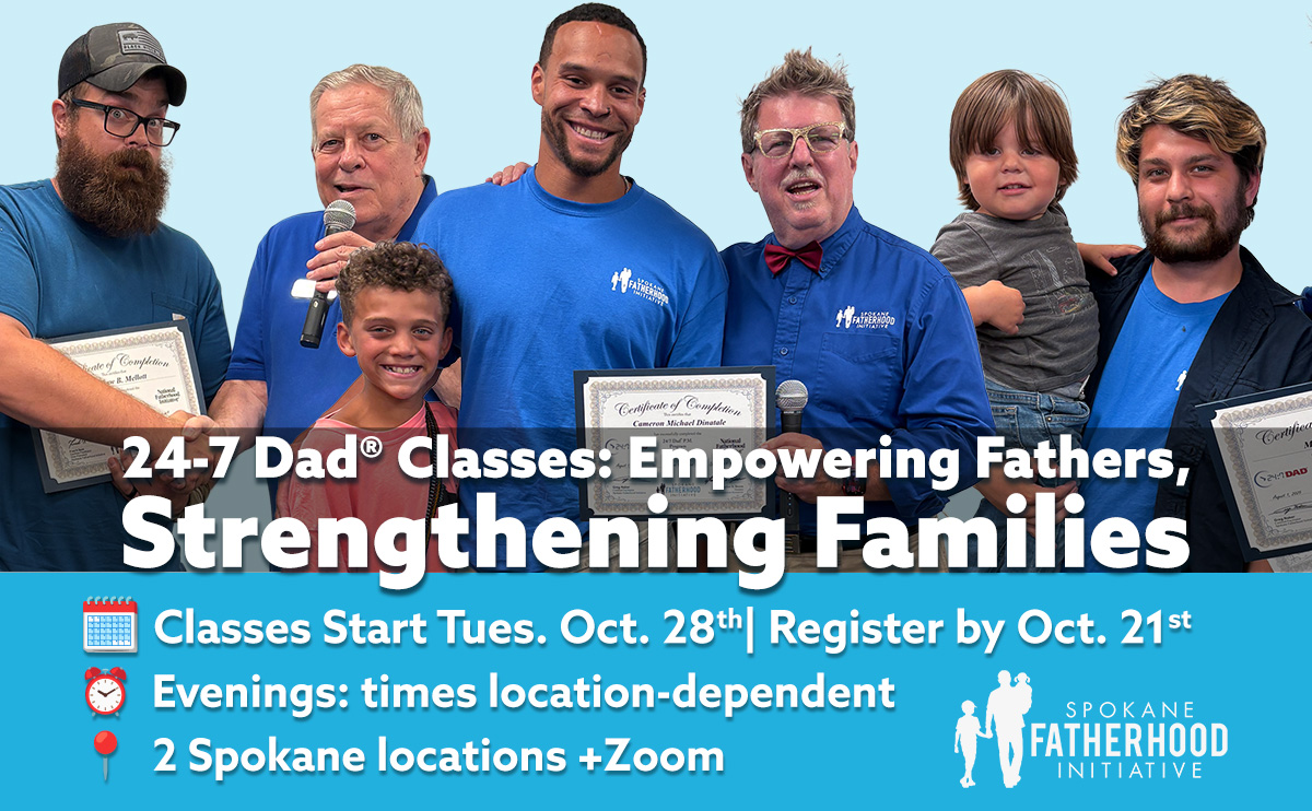 Parenting Classes: Registration & Current Schedule 1 Group photo of fathers holding graduation certificates with their children and two SpoFI instructors in blue shirts, one wearing glasses and red bow tie, with promotional text overlay for fall classes starting October 28th