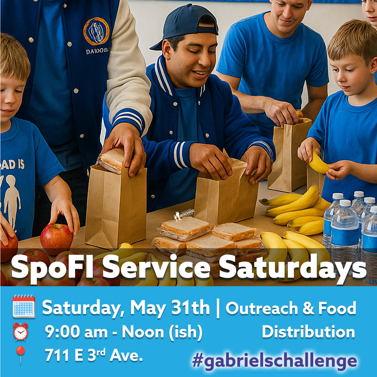 SpoFI Service Saturdays: Fathers Leading Community Change 3 Fathers and children volunteering together packing brown paper sack lunches with sandwiches, fresh fruit and water bottles for SpoFI Service Saturday community outreach event May 31st supporting Gabriel's Challenge