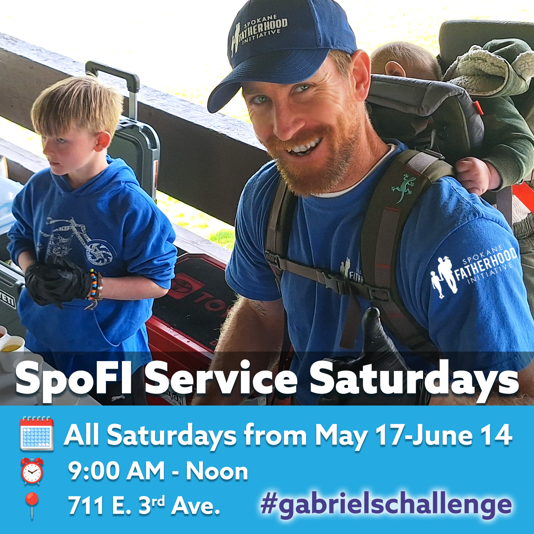 SpoFI Father wearing SpoFI cap holds baby while standing with young son in blue shirts, promoting SpoFI Service Saturdays volunteer opportunities from May 17-June 14