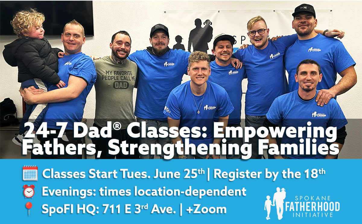 Parenting Classes: Registration & Current Schedule 2 Group of fathers in blue SpoFI t-shirts standing together after completing the 24-7 Dad program, showing community and brotherhood with one father holding his young child
