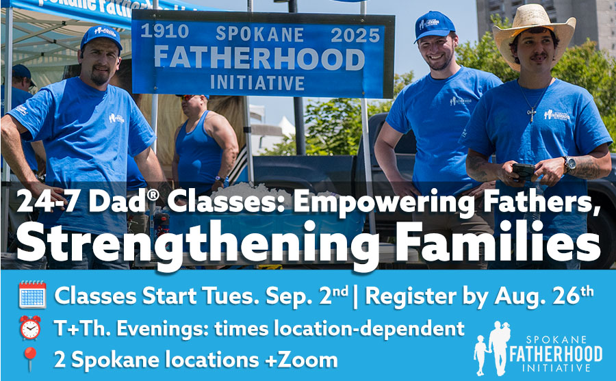 Three SpoFI alumni volunteers in blue shirts serve community members at hydration station during Father's Day celebration, with Spokane Fatherhood Initiative 115th anniversary banner behind them