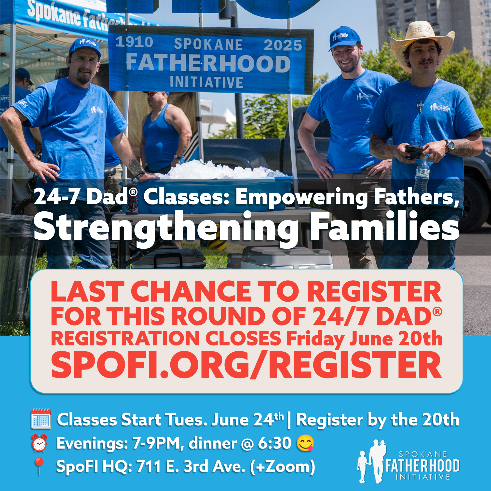 Parenting Classes: Registration & Current Schedule 1 Three SpoFI alumni volunteers in blue shirts serve community members at hydration station during Father's Day celebration, with Spokane Fatherhood Initiative 115th anniversary banner behind them