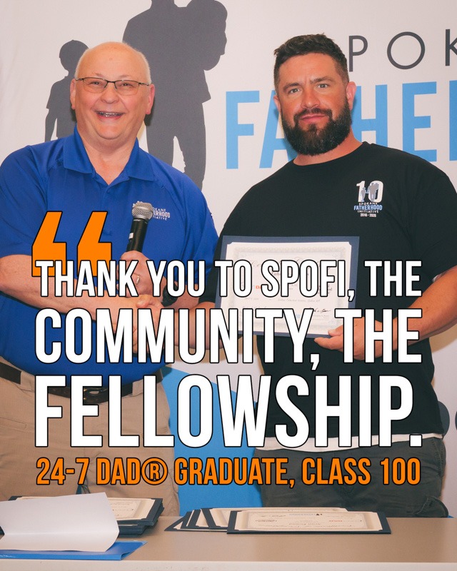 SpoFI's 100th 24-7 Dad class graduation recap: a night eight years in the making 16 Fred Dent presents an anonymous graduate with his certificate of completion at SpoFI's 100th 24-7 Dad graduation