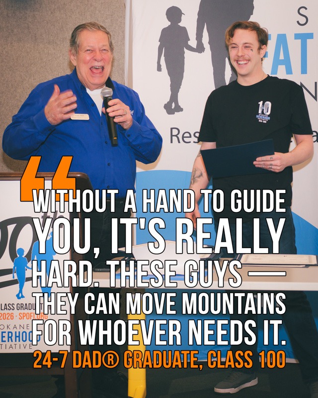 SpoFI's 100th 24-7 Dad class graduation recap: a night eight years in the making 15 Fred Dent, Board Vice President of Spokane Fatherhood Initiative, presents a certificate to an anonymous graduate at the 100th 24-7 Dad graduation