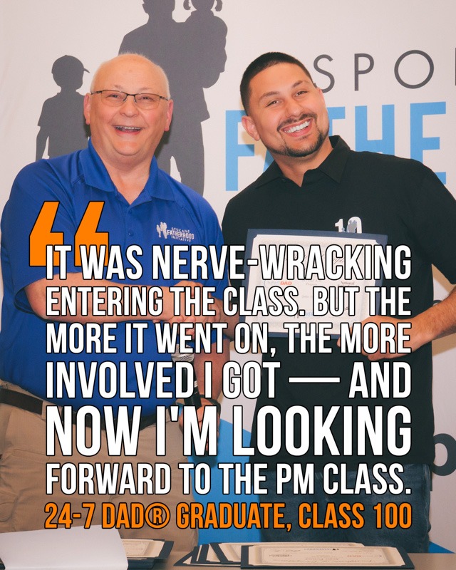 SpoFI's 100th 24-7 Dad class graduation recap: a night eight years in the making 17 Fred Dent presents Quincy with his certificate of completion at SpoFI's 100th 24-7 Dad graduation