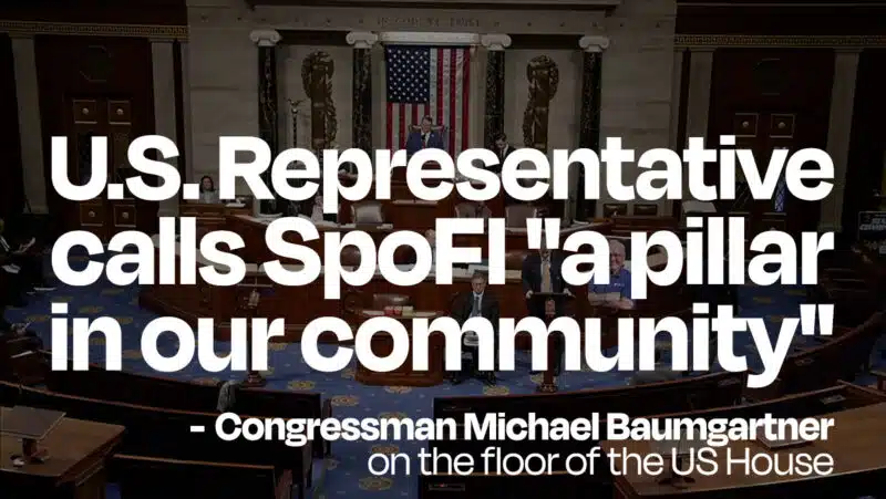 U.S. House of Representatives chamber with quote overlay: "U.S. Representative calls SpoFI 'a pillar in our community' - Congressman Michael Baumgartner on the floor of the US House" recognizing Spokane Fatherhood Initiative's community impact