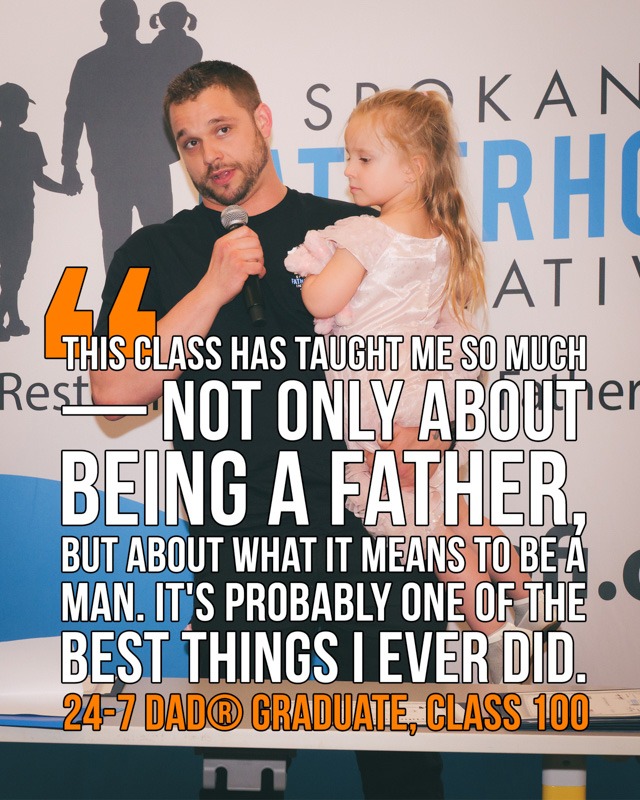 SpoFI's 100th 24-7 Dad class graduation recap: a night eight years in the making 12 Timothy Booth holds his daughter on stage at SpoFI's 100th 24-7 Dad graduation at The Hive in Spokane, April 10, 2026