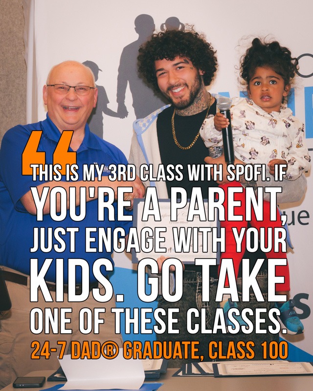 SpoFI's 100th 24-7 Dad class graduation recap: a night eight years in the making 19 Fred Dent and Tysean Oliver, holding his child, at SpoFI's 100th 24-7 Dad graduation ceremony